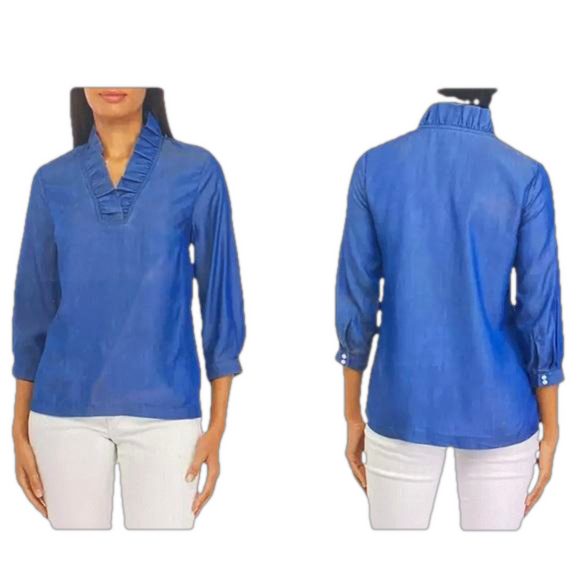 Crown & Ivy Blue Tencel Chambray Ruffle Neck Blouse Preppy Petite S - Picture 3 of 10